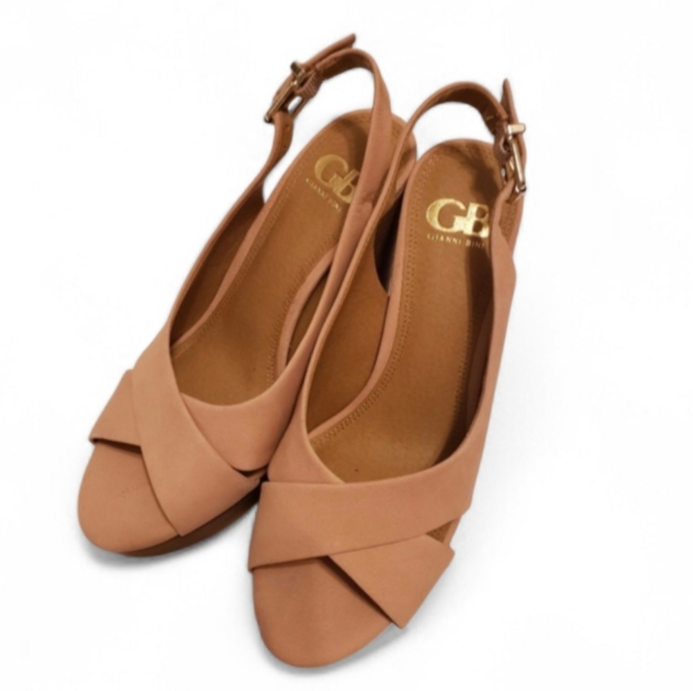 New Gianni Bini Nude Leather Open Toe Heels Size 9 - Picture 3 of 4